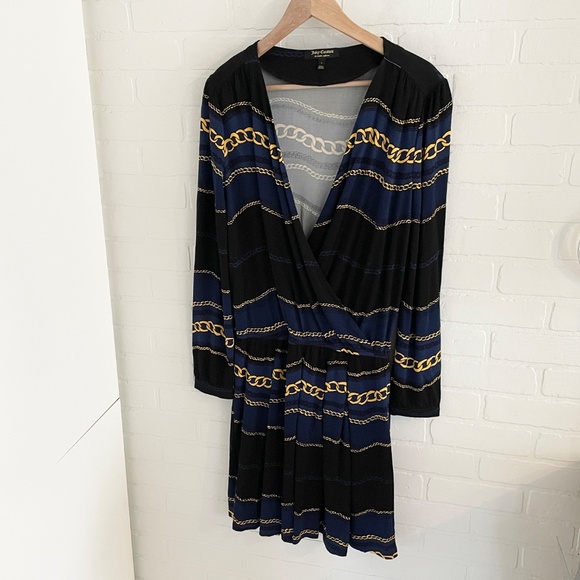 vintage Y2K Juicy Couture Mini dress Faux Wrap Scarf Chains print Navy Black L - Picture 3 of 13